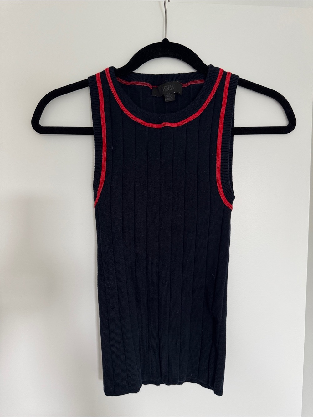Zara Navy Ribbed Tank with Red Trim